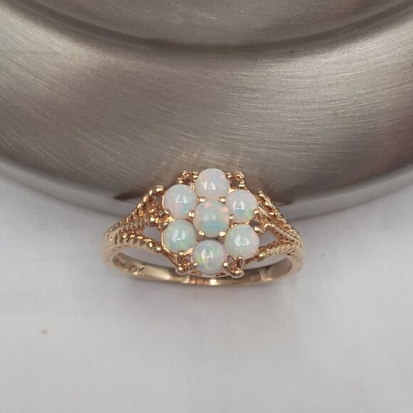 Opal Flower Cluster Vintage Ring 10k Yellow Gold 1980s October Birthstone - Picture 5 of 15